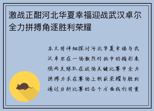 激战正酣河北华夏幸福迎战武汉卓尔全力拼搏角逐胜利荣耀