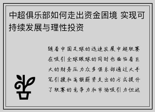 中超俱乐部如何走出资金困境 实现可持续发展与理性投资