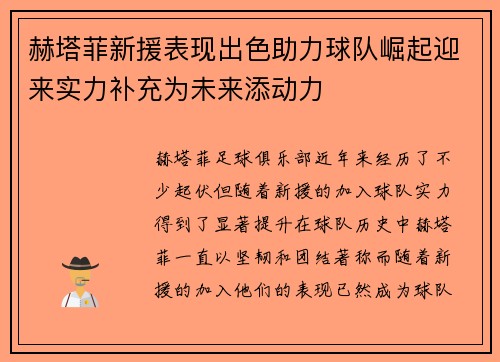 赫塔菲新援表现出色助力球队崛起迎来实力补充为未来添动力