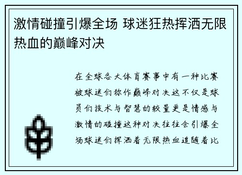激情碰撞引爆全场 球迷狂热挥洒无限热血的巅峰对决