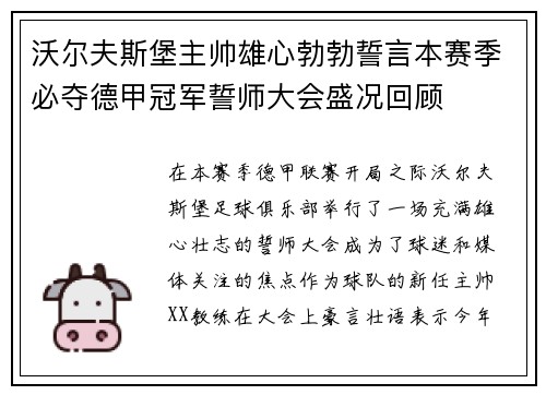 沃尔夫斯堡主帅雄心勃勃誓言本赛季必夺德甲冠军誓师大会盛况回顾