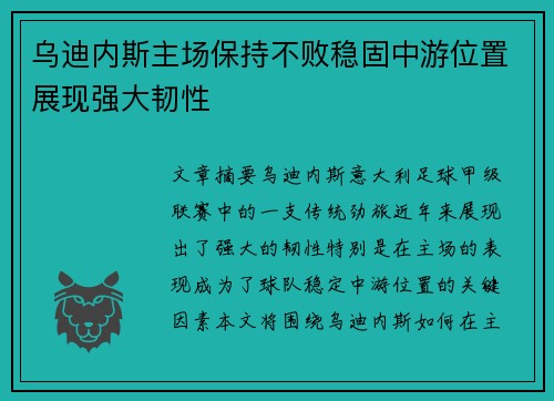 乌迪内斯主场保持不败稳固中游位置展现强大韧性