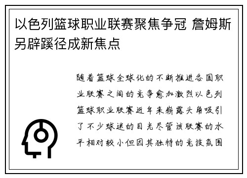 以色列篮球职业联赛聚焦争冠 詹姆斯另辟蹊径成新焦点