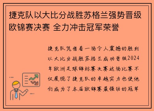 捷克队以大比分战胜苏格兰强势晋级欧锦赛决赛 全力冲击冠军荣誉
