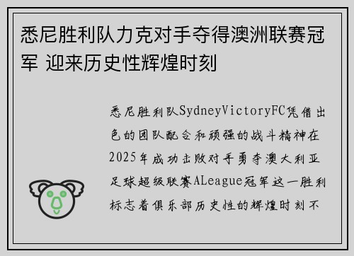 悉尼胜利队力克对手夺得澳洲联赛冠军 迎来历史性辉煌时刻