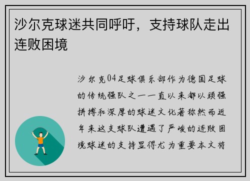 沙尔克球迷共同呼吁,支持球队走出连败困境